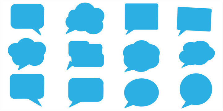 Collection of twelve blue speech and thought bubbles in various shapes on white background speech bubble