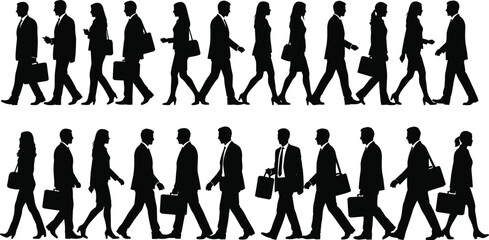Business people silhouettes walking in opposite directions corporate crowd teamwork office commute concept vector