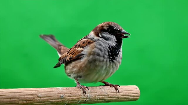 Realistic Male House Sparrow Perched on Wooden Branch Turning Head Small Bird Isolated on Green Screen Chroma Key Background Detailed Feathers