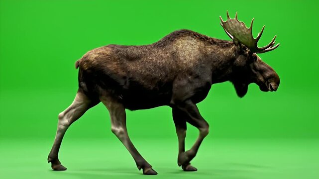 Realistic Moose Full Body Walking Loop with Heavy Leg Motion Isolated on Green Screen Background