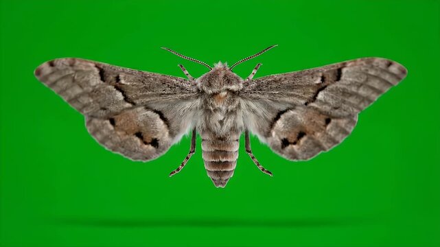 Realistic Moth Full Body Flying Loop Against Green Screen Background with Soft Powdery Wings