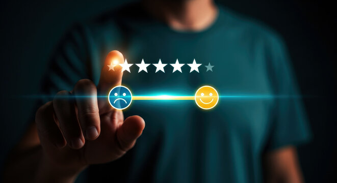 A person interacting with glowing digital icons and rating stars