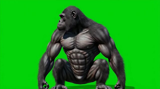 Realistic Muscular Primate Gorilla Sitting Motionlessly on Green Screen Background in Idle Pose Scientific Anatomy Study