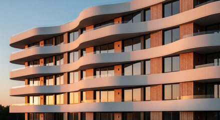 Close up of modern architectural building facade with curved balconies perfect for urban real estate development