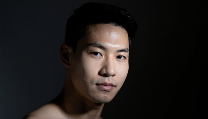 Obraz premium Korean man with short black hair and bare shoulders looks directly at camera with calm expression under cool lighting