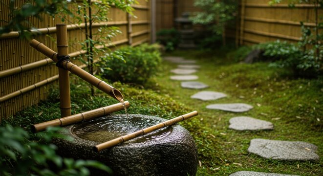 竹垣と石畳のある日本庭園のつくばい