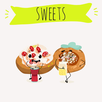 Funny Characters quince dessert, Ayva tatlısı, hand drawn vector illustration.