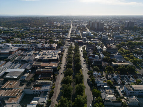Aerial view looking east along Victoria Parade in East Melbourne