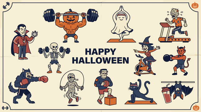 Retro Halloween Fitness Fun: Spooky Monsters & Characters Exercising in a Gym, Cartoon Vector Illustration for Health & Holiday Promotions