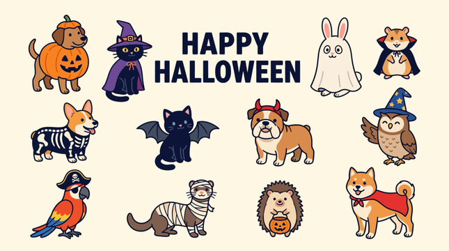 Cute Happy Halloween Animals in Costumes Vector Illustration Collection - Dogs, Cats, Rabbit, Owl, Hamster, Ferret, Hedgehog, Parrot