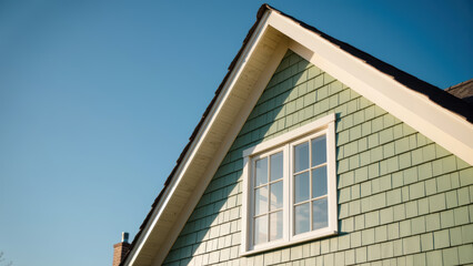 Green house gable roof white window blue sky sunlight residential exterior architecture peaceful suburban