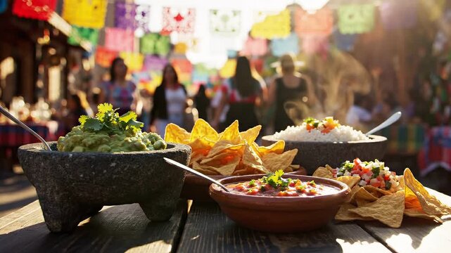 Authentic Mexican Street Food with Guacamole, Salsa and Tortilla Chips at Colorful Outdoor Market Festival