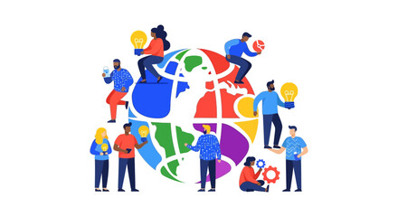 Naklejka premium Global Collaboration and Innovation: Diverse Team Sharing Ideas for Worldwide Solutions. Modern Vector Illustration of Business and Technology Concepts.