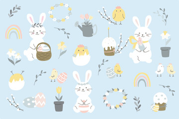 Fototapeta premium Easter element vector set. Cute hand drawn rabbit, chicken, easter egg, spring flowers, leaf branch. Collection of design for decorative, card