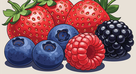 Fresh assortment of strawberries blueberries raspberries and blackberries © Sadew