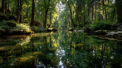 Obraz premium Forest stream reflection, calm water mirroring surrounding trees, textured surface, sunlight enhancing patterns, emphasizing tranquil woodland ecosystem and natural landscape.