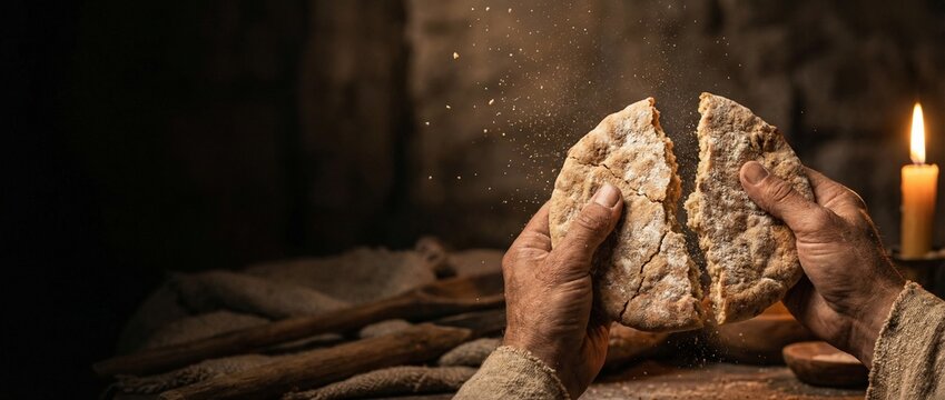 Hands of Jesus Christ Breaking Unleavened Bread at Last Supper with Flying Crumbs and Candlelight - Holy Communion Concept.