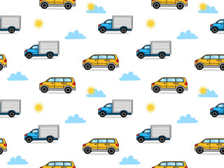 Naklejka premium Seamless pattern of yellow vans and blue box trucks with cloud and the sun. Transportation-themed design.