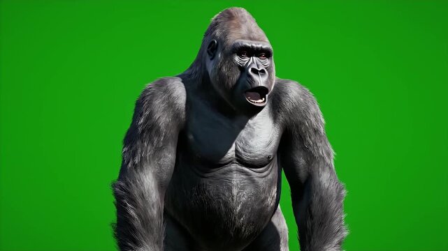 Realistic Standing Gorilla Animal with Heavy Breathing Isolated on Green Screen Background