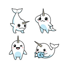 Cute cartoon narwhals with different emotions and actions on white background © Masuk Sat