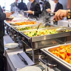 Obraz premium Buffet catering service with various hot dishes and guests serving food at an event