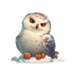 Obraz premium Adorable chibi snowy owl with bright orange eyes perched on snow