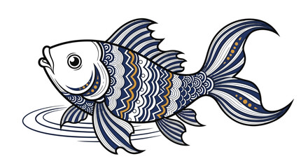 Fototapeta premium Ornate Fish Illustration with Blue and Gold Patterns, Isolated on White