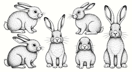 Set of detailed hand drawn rabbit sketches in various poses © Sadew
