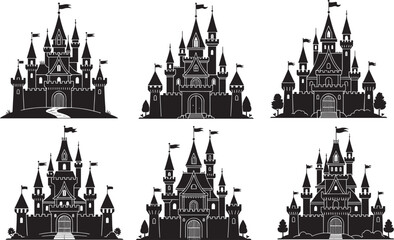Fototapeta premium Black silhouette illustrations of medieval castles, towers, turrets, flags, arched entrances, battlements, trees, pathways, fantasy theme, fairy tale design, architectural structures
