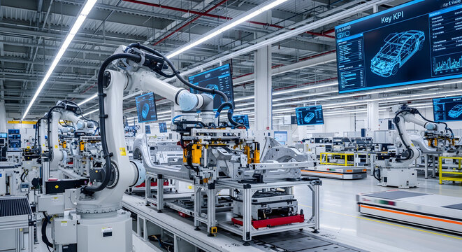 Long view of automotive assembly line with white robots working on car chassis under bright lights illustrating efficient industrial automation