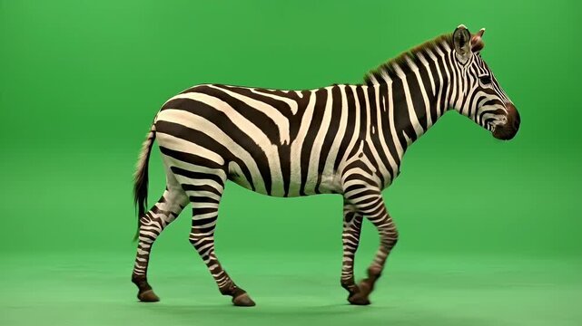 Realistic Zebra Full Body Walking Loop With Rhythmic Hoof Movement On A Solid Green Screen Background