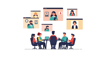 Fototapeta premium Hybrid Team Meeting: In-Office Collaboration with Remote Participants on Video Call Screens. Modern Business Communication & Digital Workplace.