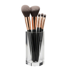 Makeup brushes in a clear holder