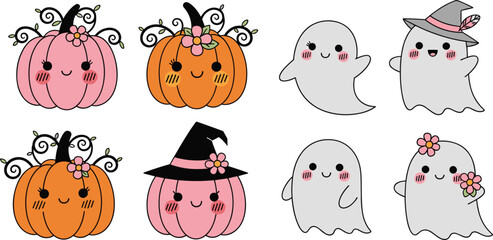Obraz premium Cute Halloween Pumpkin and Ghost Characters with Floral Decorations, Witch Hat, and Kawaii Style Cartoon Vector Illustration Set
