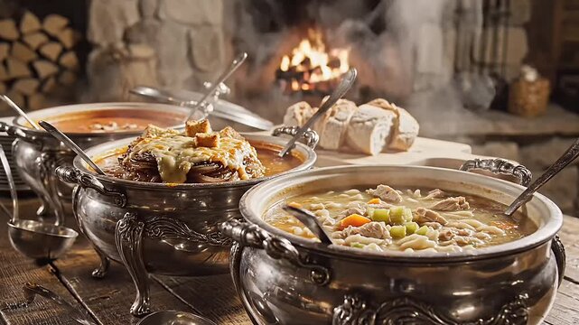 Warm and Hearty Soups Served from Silver Pots by a Crackling Fireplace, Evoking Comfort and Tradition