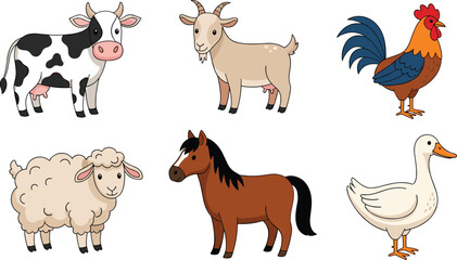 Obraz premium Cute Farm Animals Cartoon Vector Set with Cow Goat Rooster Sheep Horse and Duck Illustration Collection