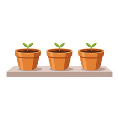 Obraz premium Three potted plants growing on a shelf in a minimalist style with earthy colors