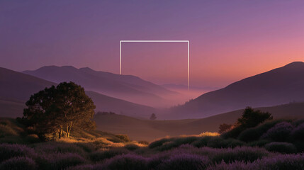 Purple Horizon Serenity: Lavender fields meet mist-laden mountains beneath a calming purple horizon and a glowing rectangular frame, evoking a serene blend of nature and abstract design.