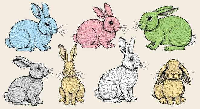 Collection of colorful rabbits and hares in hand drawn style