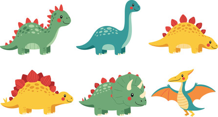 Adorable Dinosaur Set with Stegosaurus, Brontosaurus, Triceratops, and Pterodactyl for Kids' Illustrations and Designs © Daloara PNG Store