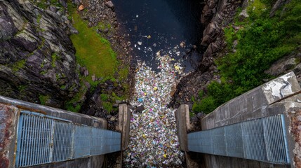Aerial view of garbage collected at dam, pollution and environmental contamination, waste accumulation in water reservoir, ecology crisis, sustainability awareness and cleanup concept