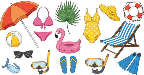 Summer Beach Accessories Collection with Flamingo, Umbrella, Sunglasses, Swimsuits, and Beach Toys for Vacation, Travel, and Holiday Designs © Daloara PNG Store
