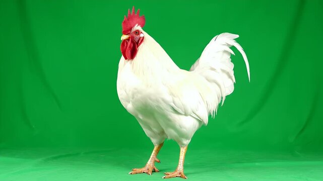 White Rooster Standing Alert Isolated on Green Screen Full Body Realistic Studio Shot