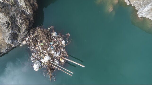 Aerial view of garbage collected at dam, pollution and environmental contamination, waste accumulation in water reservoir, ecology crisis, sustainability awareness and cleanup concept