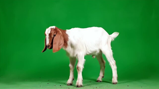 Young Domestic Goat Standing Idly Against a Vibrant Green Screen Background
