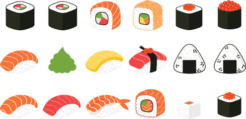 Sushi Icon Set with Nigiri Maki Rolls Sashimi Onigiri and Wasabi Japanese Food Vector Illustration Collection © Daloara PNG Store