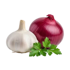 Garlic and red onion with parsley garnish © IMPic