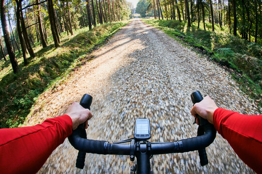 POV of gravel bike ride in forest
