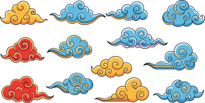 Collection of traditional oriental clouds in various colors
