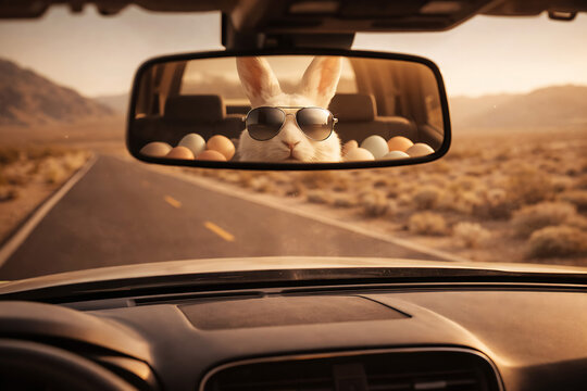 Bunny in Sunglasses Driving Car with Easter Eggs in Rearview Mirror